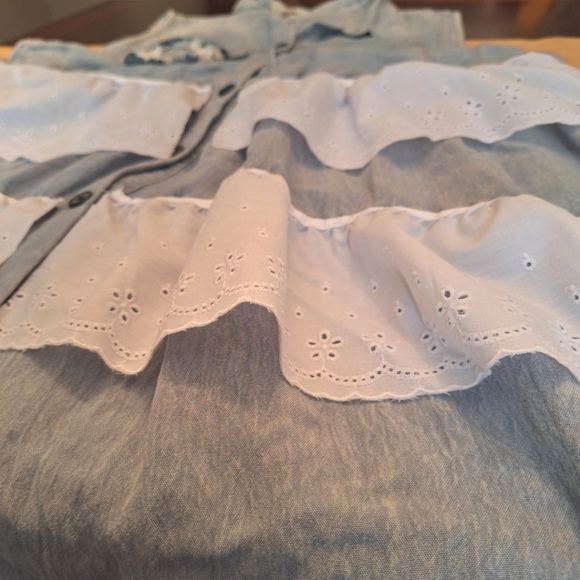 Sleeveless Denim Chambray Dress Tiered Ruffles Big Flower Accent Sz XL - Picture 16 of 16